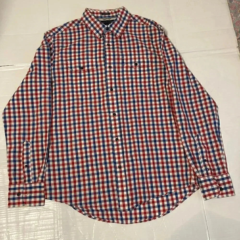 Tommy Hilfiger Button Down Shirt Mens M Red Blue Gingham Cotton Custom Fit Plaid